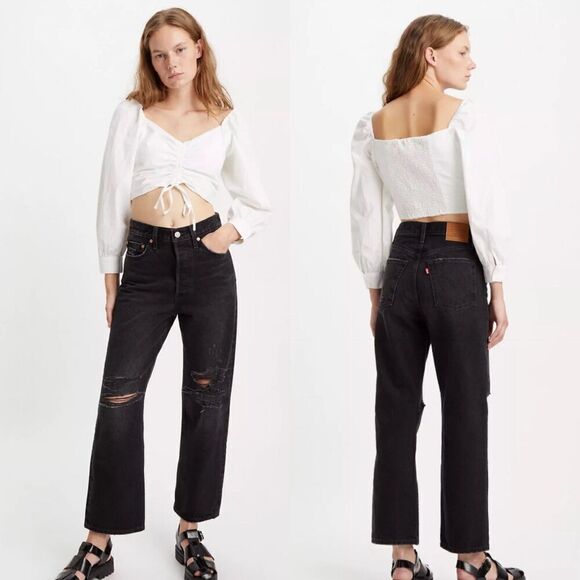 Levi's Premium Women's Size 27 Black Distressed Ribcage Straight Leg Ankle Jeans - Picture 1 of 10
